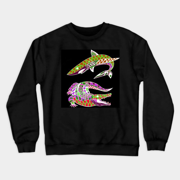 shark and alligator attack ecopop tribal totonac pattern art Crewneck Sweatshirt by jorge_lebeau